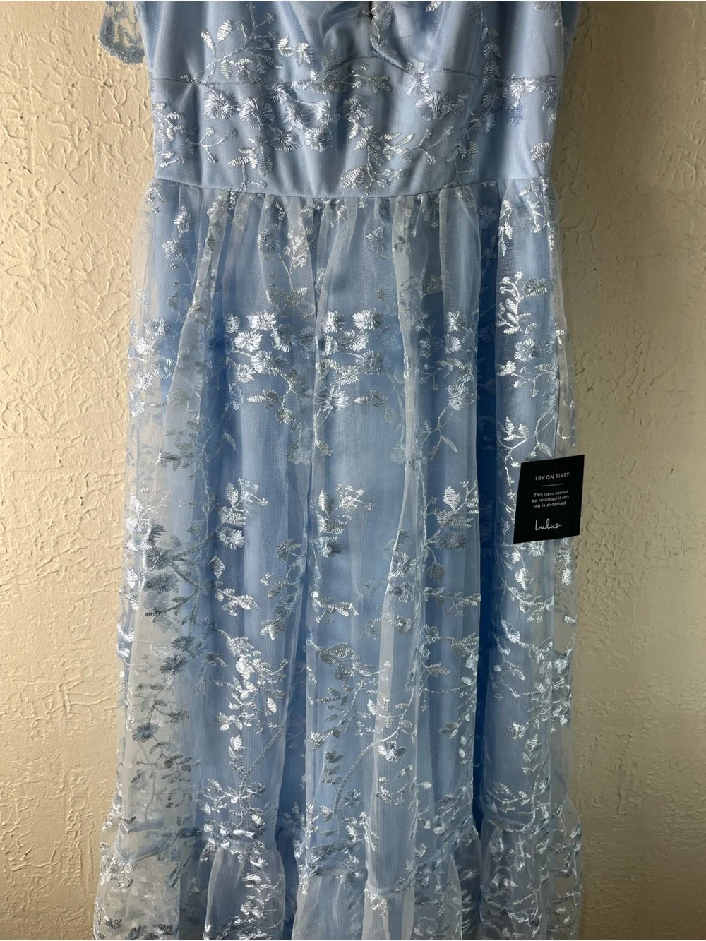 Lulu's Distinctly Sweet Blue Floral Embroidered Tie Strap Midi Dress - Picture 7 of 15